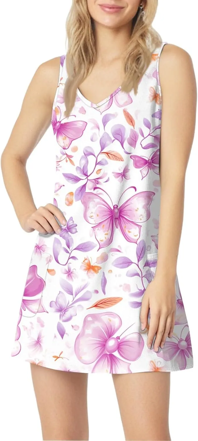 Summer Dresses for Women 2024 Casual Print Bohemian Dresses V Neck Tank Dresses with Pockets Beach Hawaiian Dresses