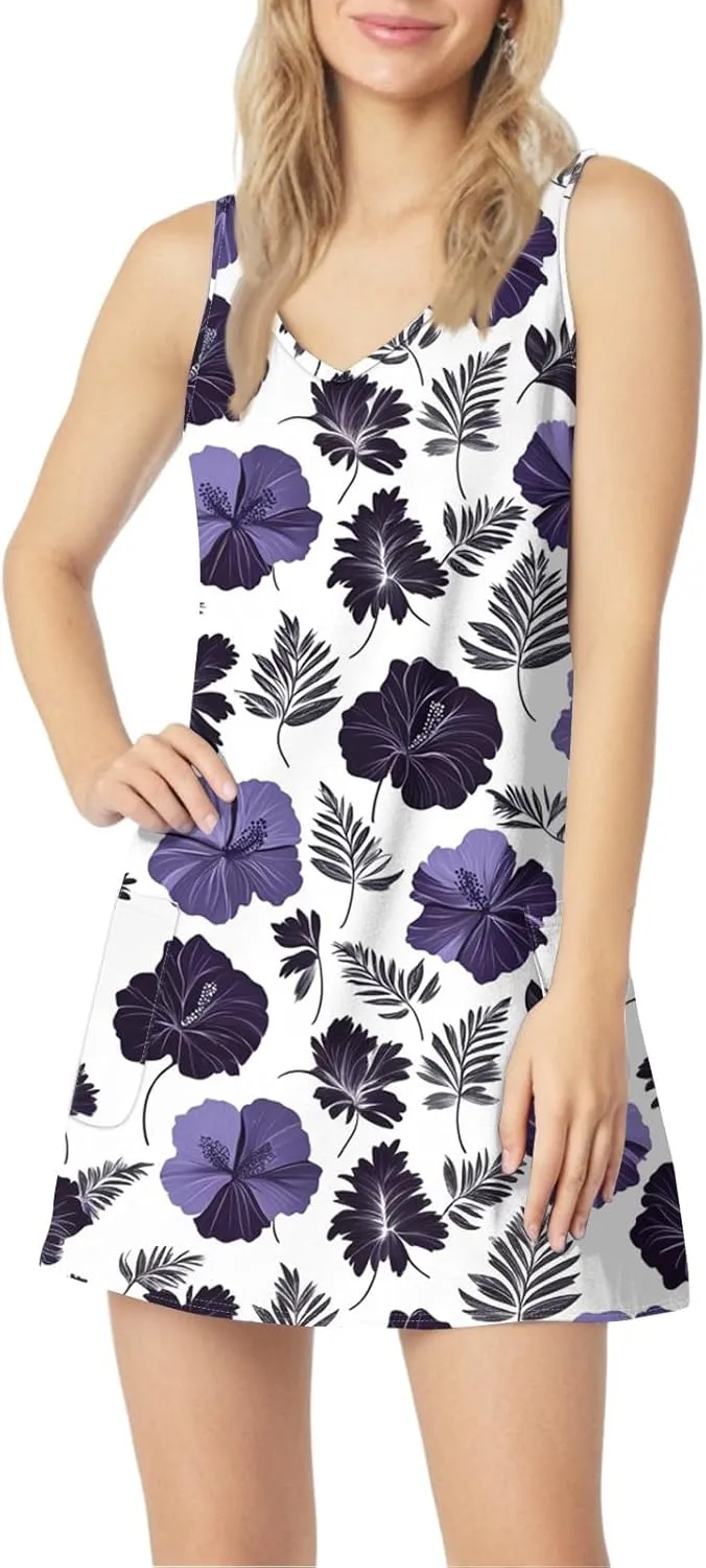 Summer Dresses for Women 2024 Casual Print Bohemian Dresses V Neck Tank Dresses with Pockets Beach Hawaiian Dresses