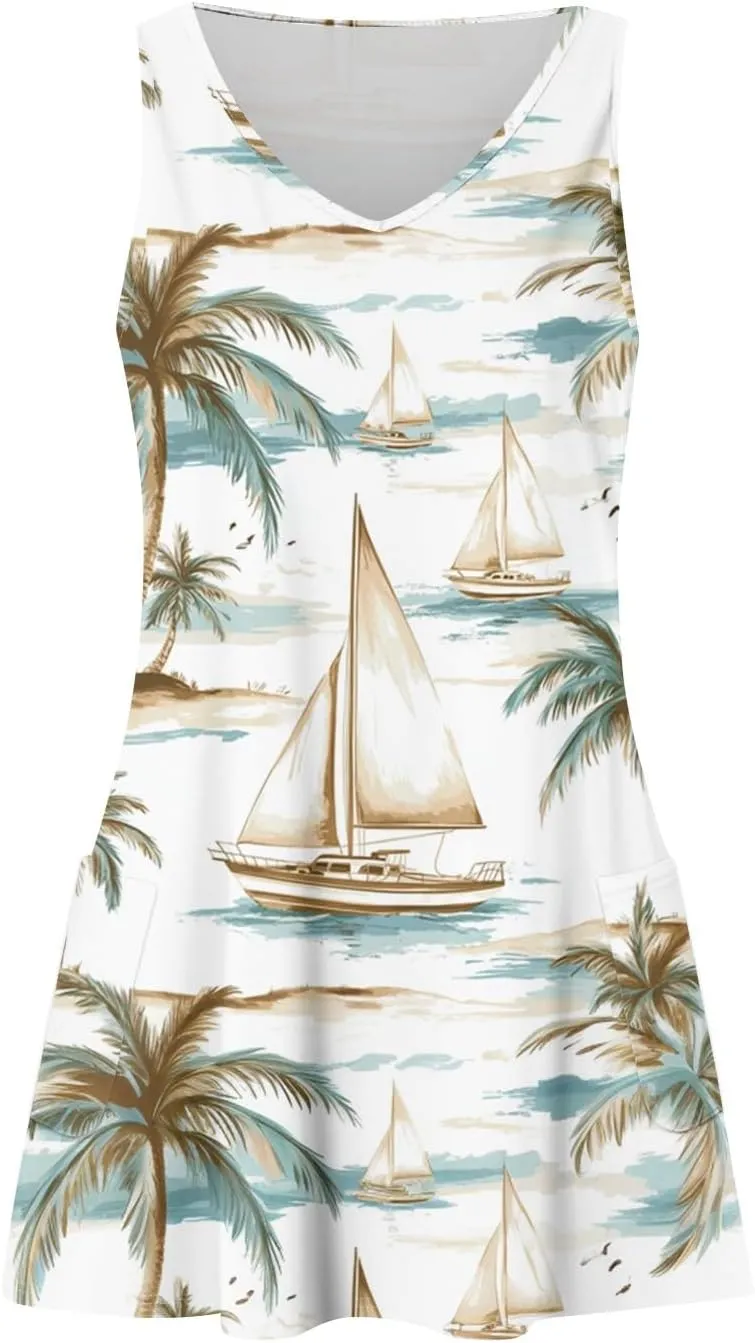 Summer Dresses for Women 2024 Casual Print Bohemian Dresses V Neck Tank Dresses with Pockets Beach Hawaiian Dresses