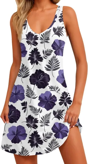 Summer Dresses for Women 2024 Casual Print Bohemian Dresses V Neck Tank Dresses with Pockets Beach Hawaiian Dresses