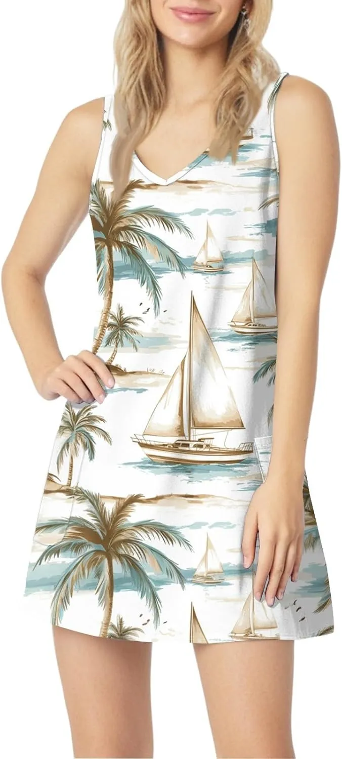 Summer Dresses for Women 2024 Casual Print Bohemian Dresses V Neck Tank Dresses with Pockets Beach Hawaiian Dresses