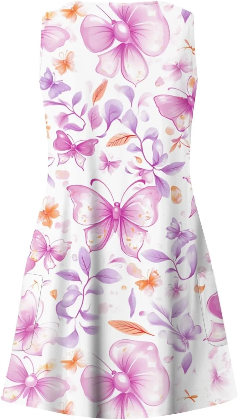 Summer Dresses for Women 2024 Casual Print Bohemian Dresses V Neck Tank Dresses with Pockets Beach Hawaiian Dresses