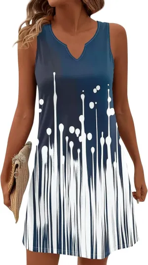 Summer Dresses for Women 2025 Printed A Line Sundress Sleeveless Crew Neck Beach Vacation Dress Loose Fit Tank Dress