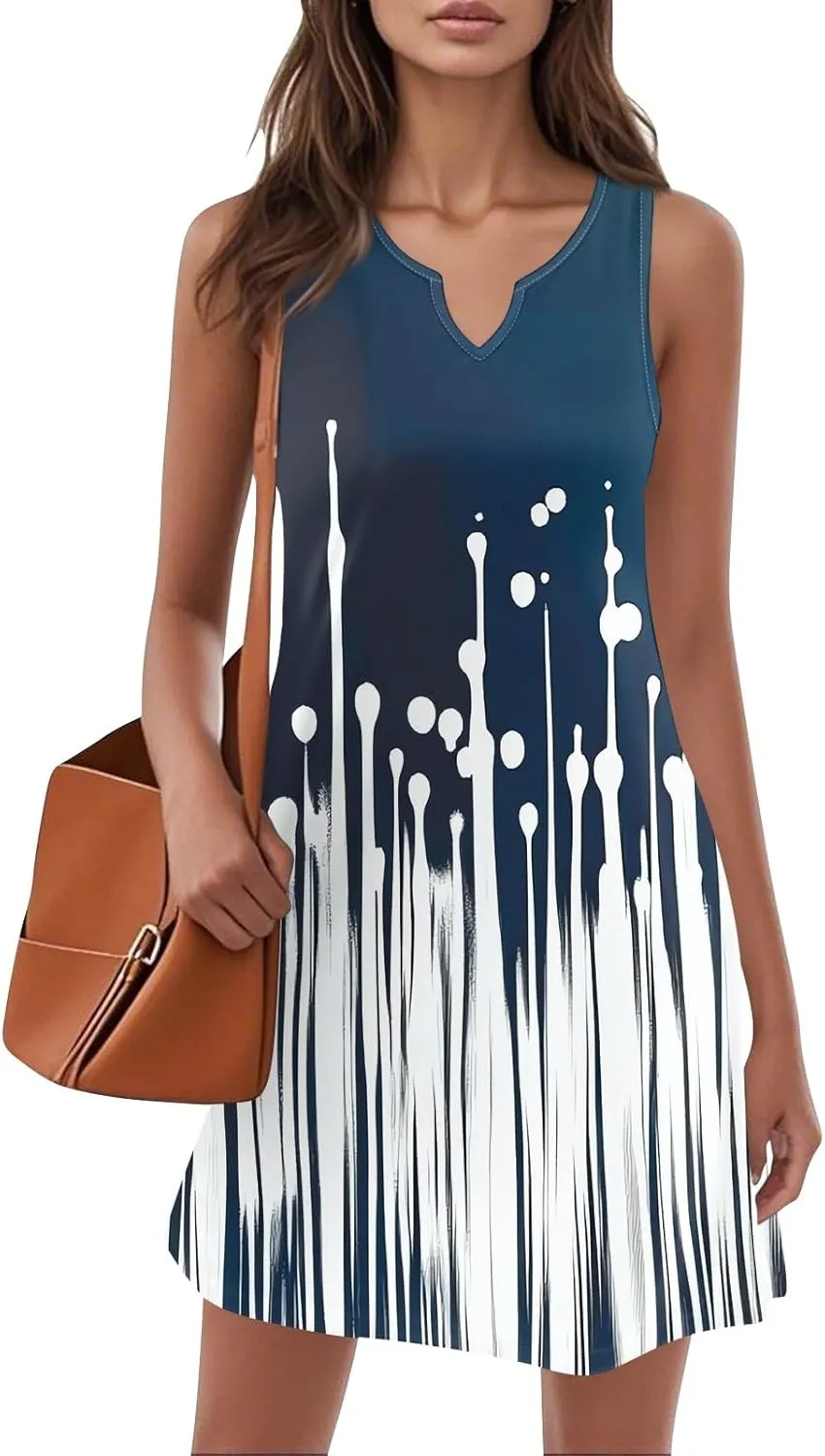 Summer Dresses for Women 2025 Printed A Line Sundress Sleeveless Crew Neck Beach Vacation Dress Loose Fit Tank Dress