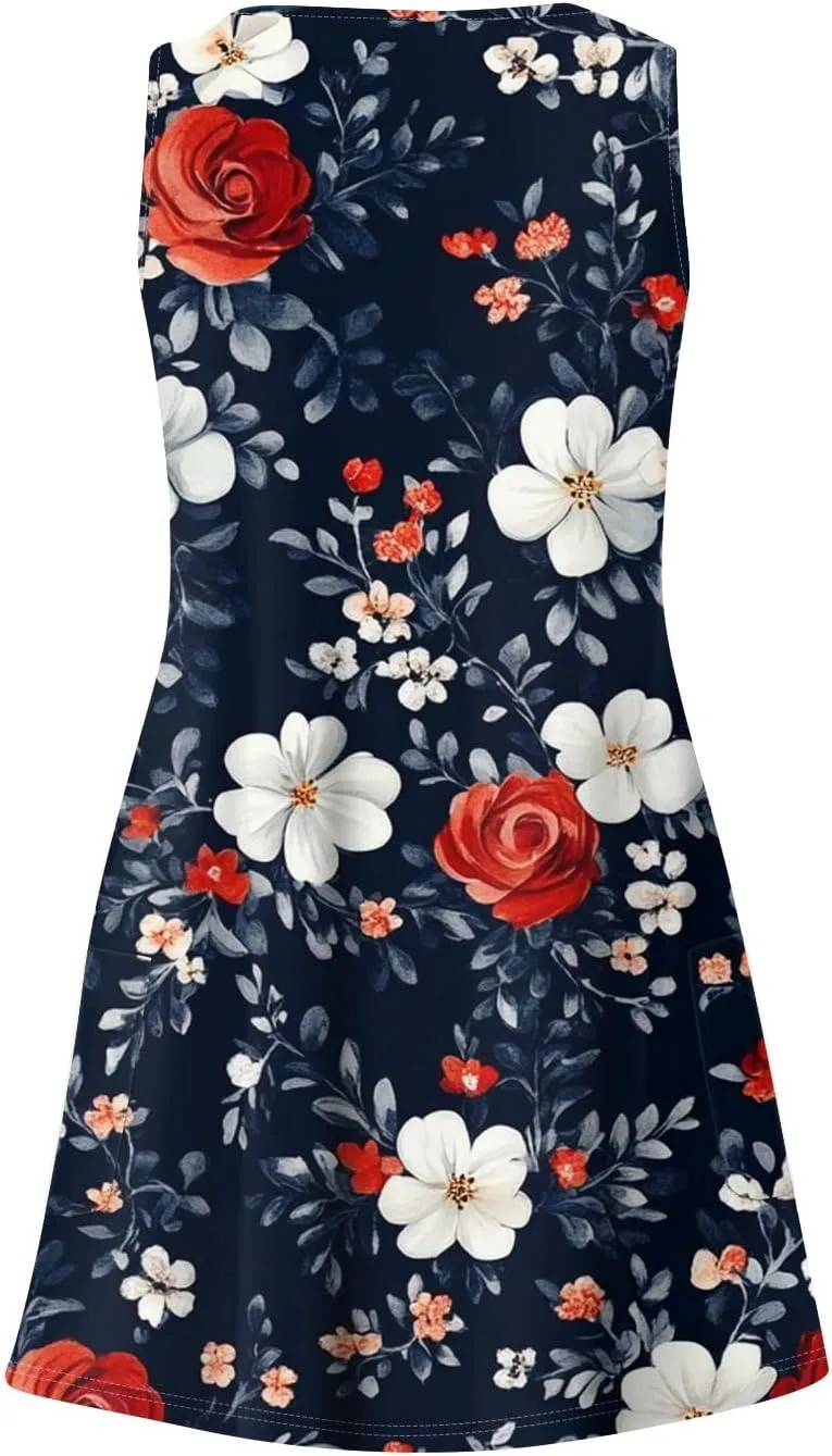 Summer Dresses for Women 2025 Sleeveless Sundress Loose V Neck Tank Dress Printed Beach Vacation Dress with Pockets