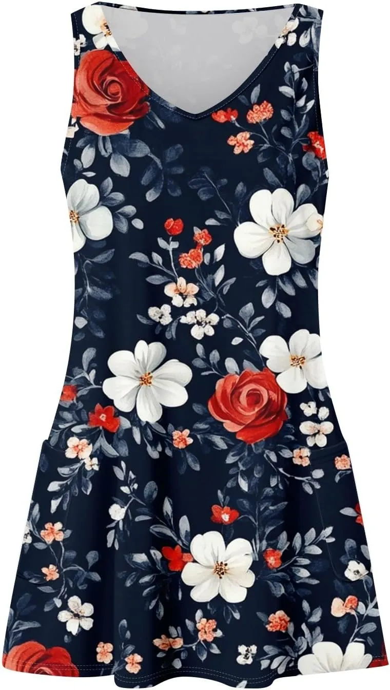Summer Dresses for Women 2025 Sleeveless Sundress Loose V Neck Tank Dress Printed Beach Vacation Dress with Pockets
