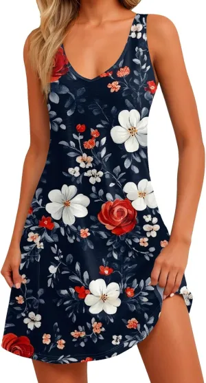 Summer Dresses for Women 2025 Sleeveless Sundress Loose V Neck Tank Dress Printed Beach Vacation Dress with Pockets