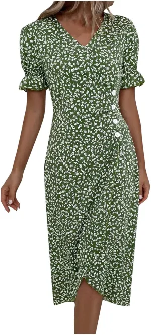 Summer Dresses Women Puff Sleeve Wrap Midi Dresses for Women Summer Womens Dresses Casual