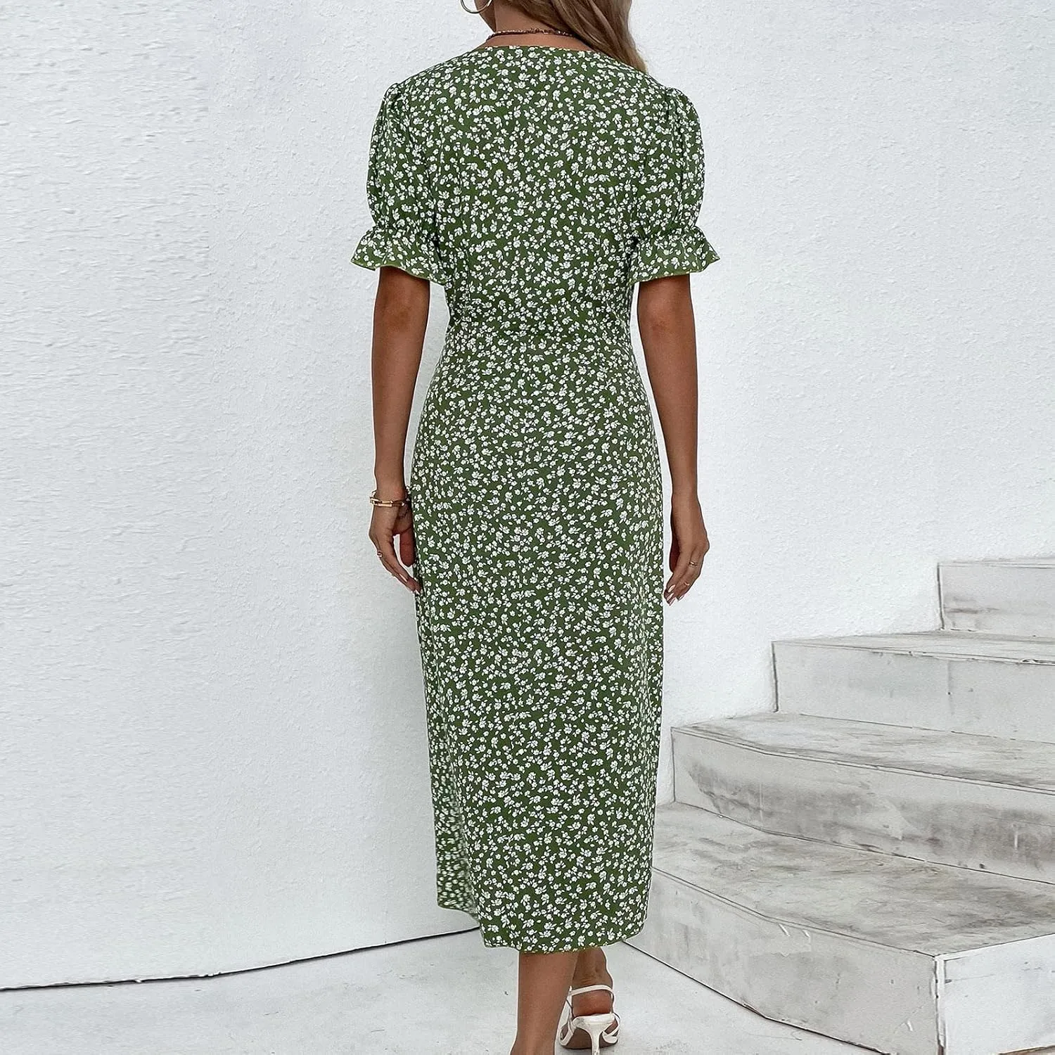 Summer Dresses Women Puff Sleeve Wrap Midi Dresses for Women Summer Womens Dresses Casual