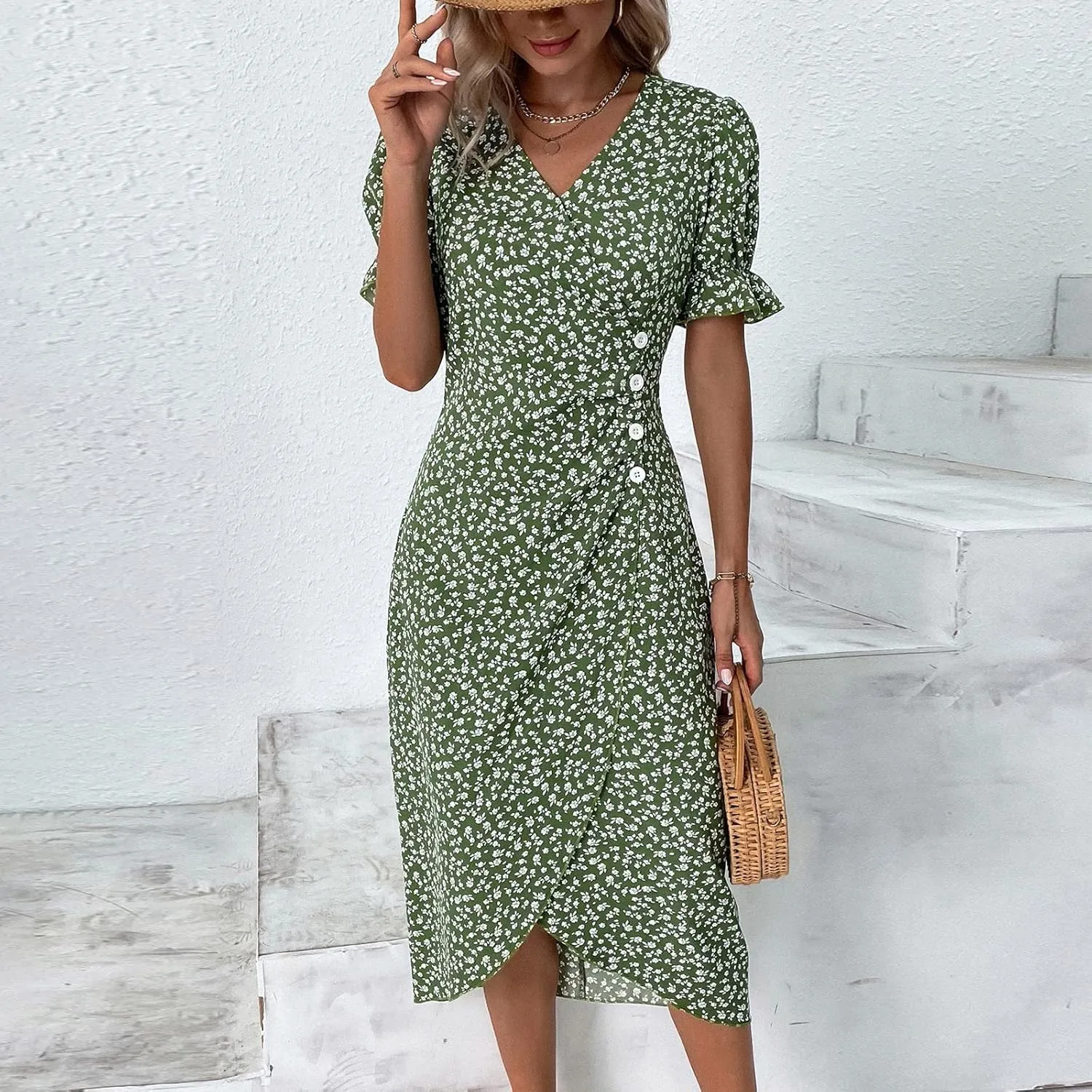 Summer Dresses Women Puff Sleeve Wrap Midi Dresses for Women Summer Womens Dresses Casual