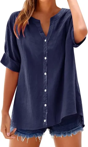 Summer Linen Work Tops for Women Trendy Button Down Plus Size V Neck Boho Clothes Spring Tops for Women 2025
