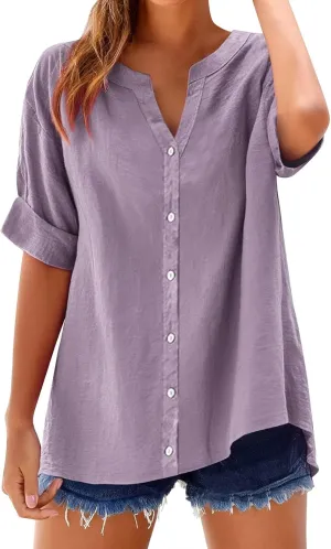 Summer Linen Work Tops for Women Trendy Button Down Plus Size V Neck Boho Clothes Spring Tops for Women 2025