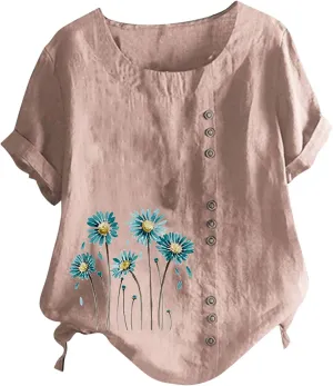 Summer Shirts for Women 2023 Fashion Cotton Linen Blouse Vintage Floral Print Solid Button Down Tops Casual Work Tees