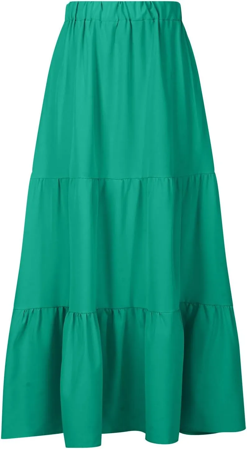 Summer Skirts Women 2025 Tiered Long Skirts Elastic Waisted Casual Skirts Solid A Line Boho Skirts Flowy Beach Skirt