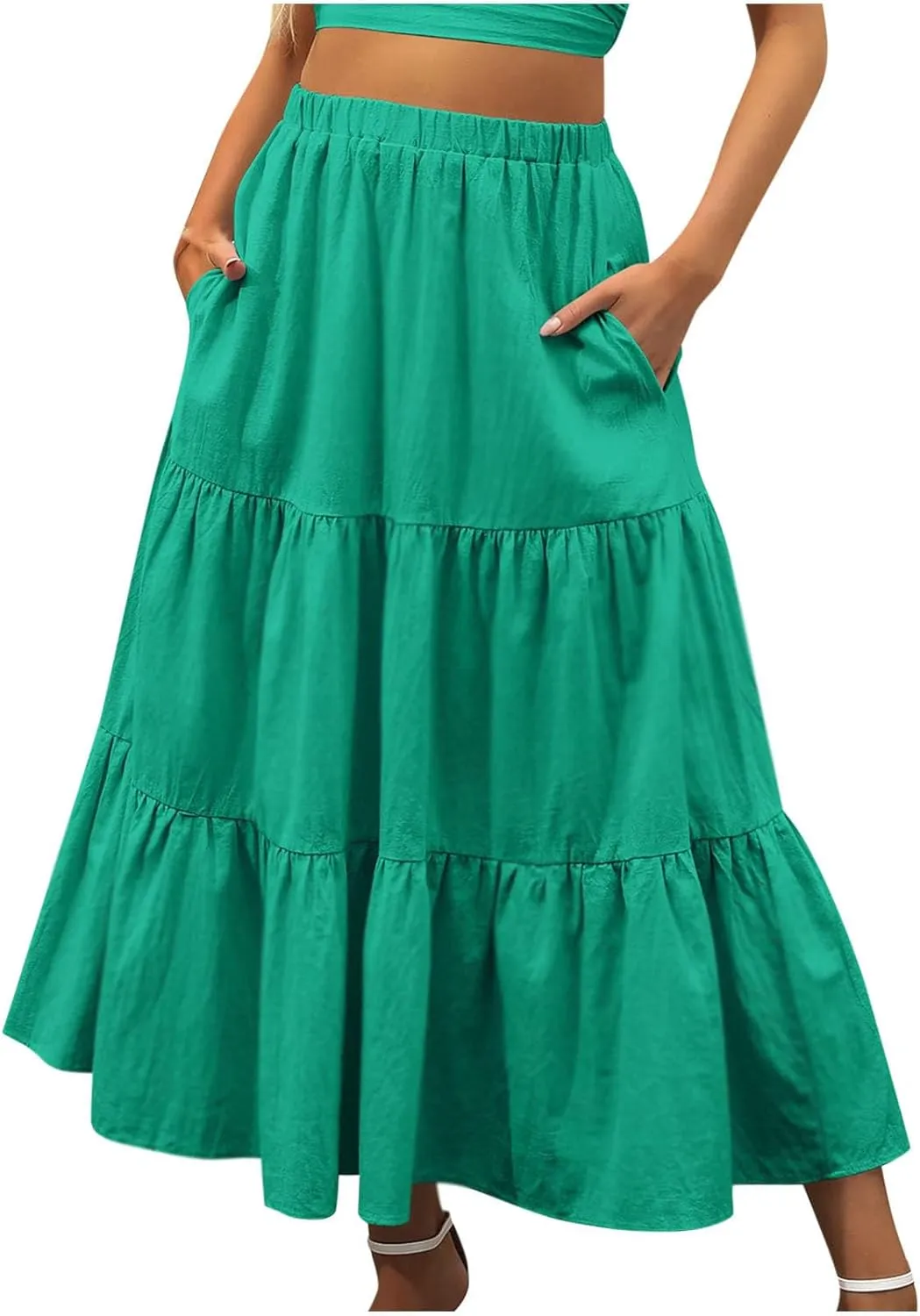 Summer Skirts Women 2025 Tiered Long Skirts Elastic Waisted Casual Skirts Solid A Line Boho Skirts Flowy Beach Skirt