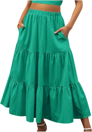 Summer Skirts Women 2025 Tiered Long Skirts Elastic Waisted Casual Skirts Solid A Line Boho Skirts Flowy Beach Skirt