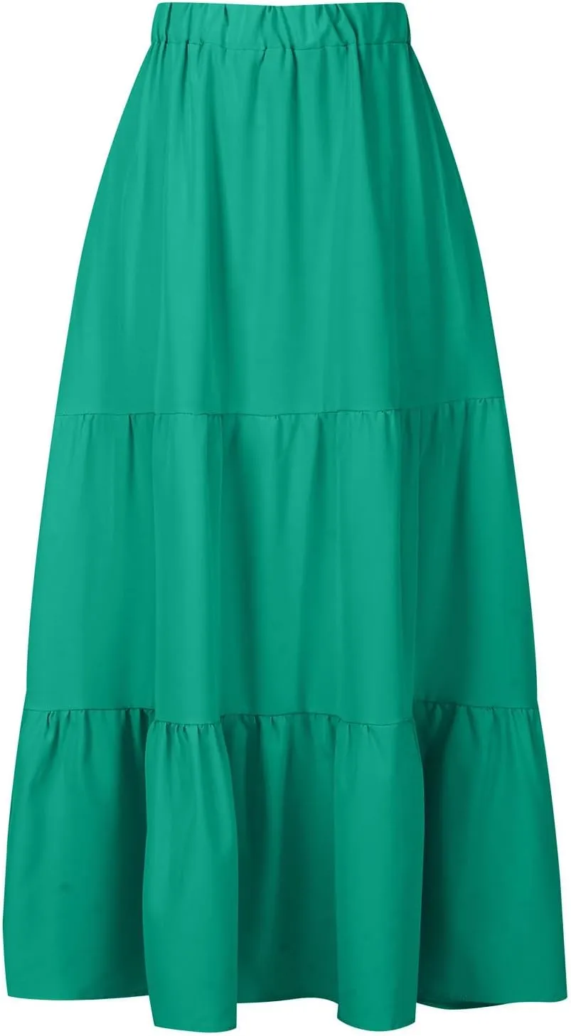Summer Skirts Women 2025 Tiered Long Skirts Elastic Waisted Casual Skirts Solid A Line Boho Skirts Flowy Beach Skirt
