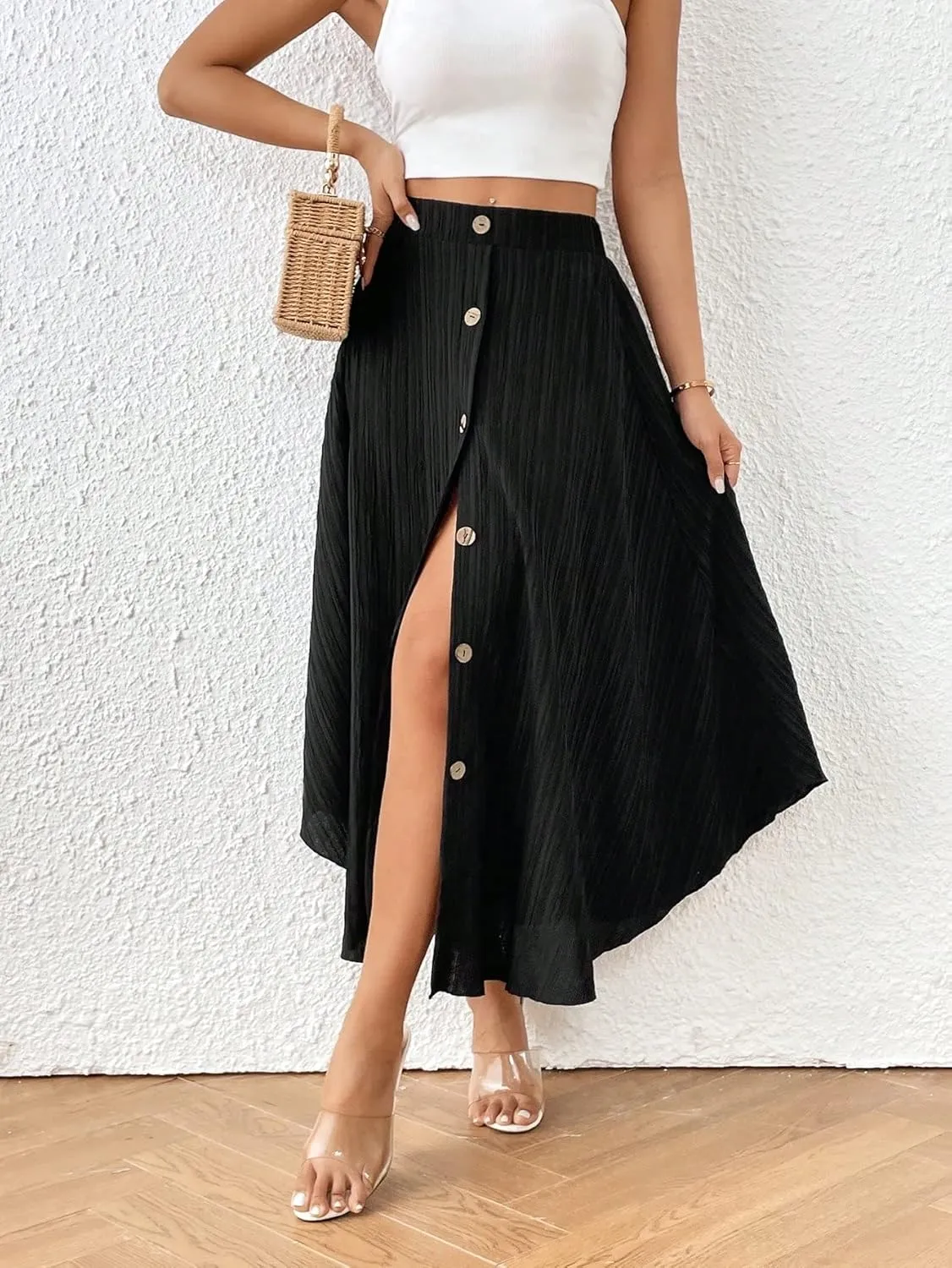 Summer Spring Womens Skirts Solid Button Front Hem Midi Skirt Maxi Women Outfit