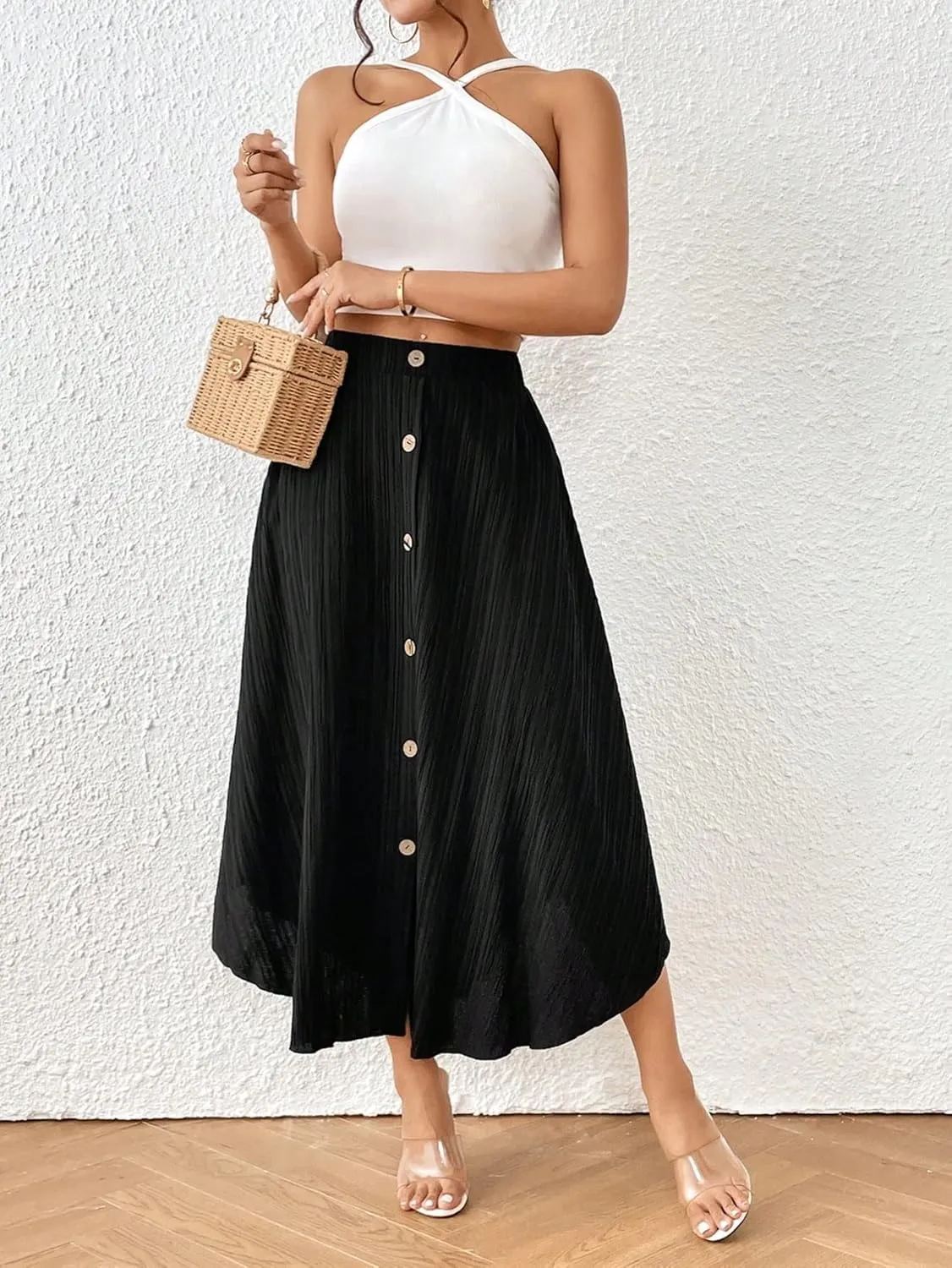 Summer Spring Womens Skirts Solid Button Front Hem Midi Skirt Maxi Women Outfit