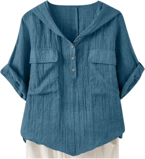 Summer Tops for Women 2025 Trendy Solid Color Loose Fit Tee Shirts Vintage Boho Vacation Tunic Blouses with Pockets