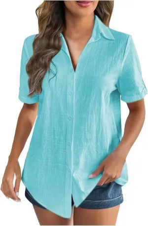 TANGNADE Linen Button Up Shirts Rolled Cuffed Short Sleeve Women Casual Loose Collared Tunic Tops Ladies Work Office Blouse