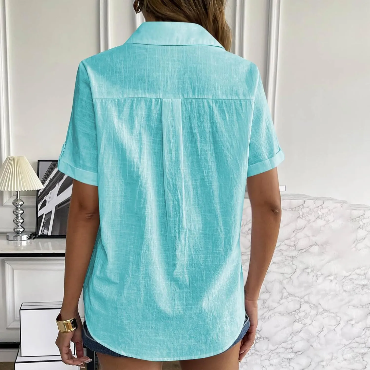 TANGNADE Linen Button Up Shirts Rolled Cuffed Short Sleeve Women Casual Loose Collared Tunic Tops Ladies Work Office Blouse