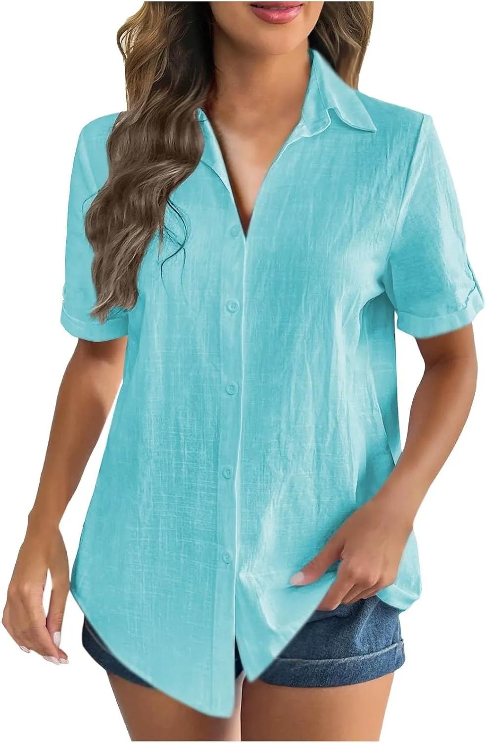 TANGNADE Linen Button Up Shirts Rolled Cuffed Short Sleeve Women Casual Loose Collared Tunic Tops Ladies Work Office Blouse