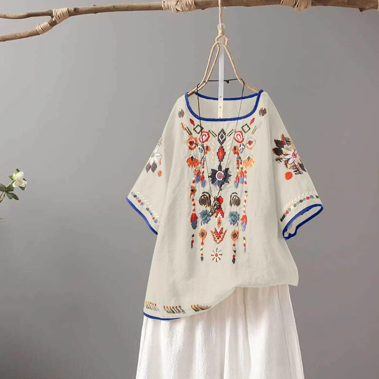 TANGNADE Womens Boho Mexican Embroidered Tops Short Sleeve Peasant Shirts Casual Loose Blouse Summer Bohemian Clothes