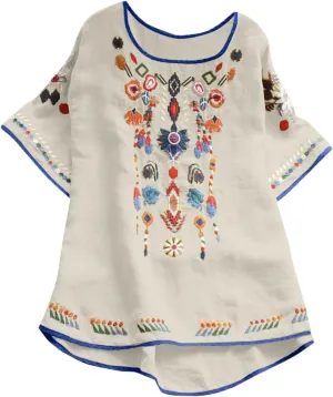 TANGNADE Womens Boho Mexican Embroidered Tops Short Sleeve Peasant Shirts Casual Loose Blouse Summer Bohemian Clothes