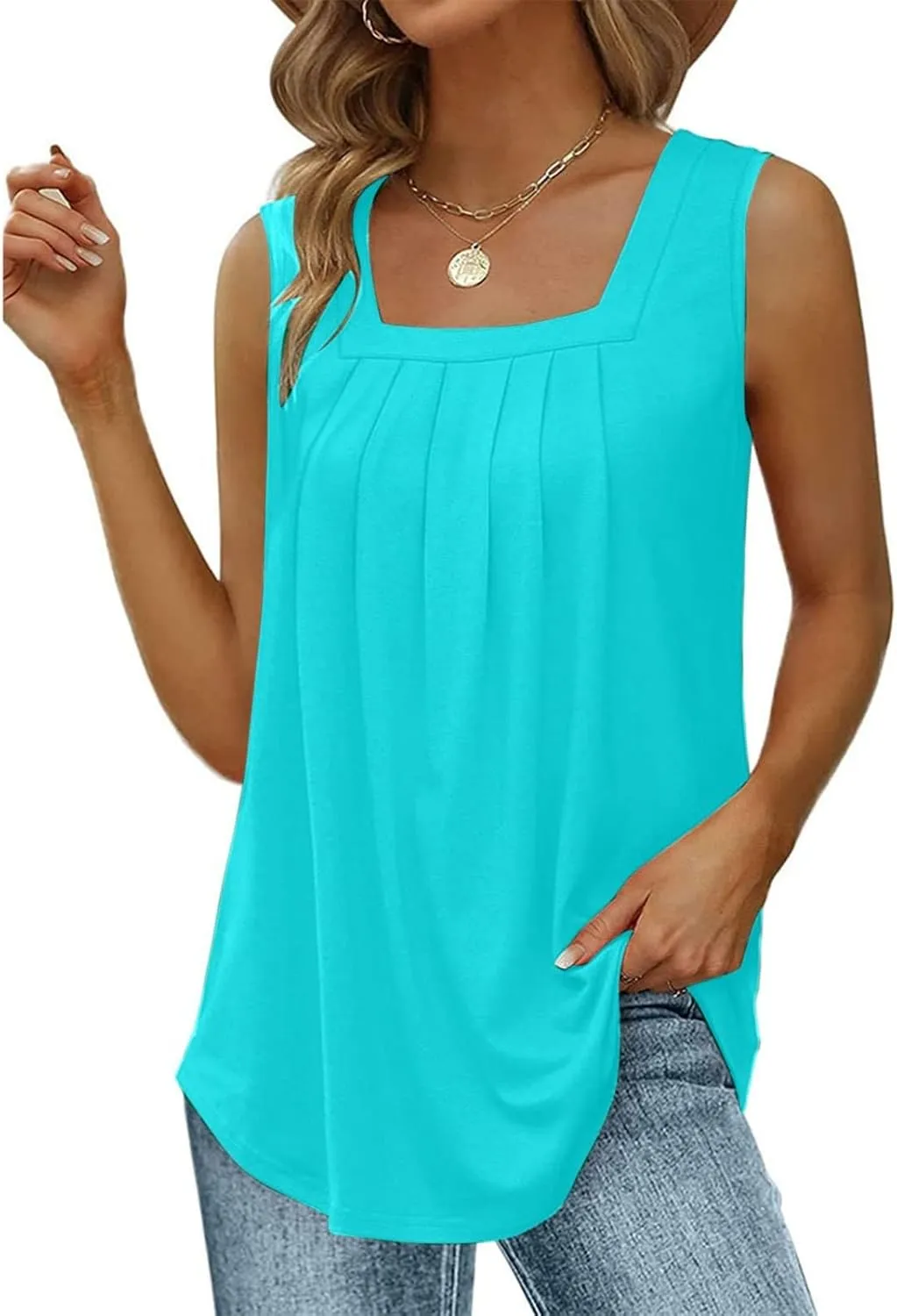 Tank Tops for Women 2025 Summer Trendy Vest Square Neck Sleeveless Shirt Pleated Curved Flowy Loose Fit Basic Tee