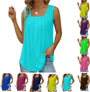 Tank Tops for Women 2025 Summer Trendy Vest Square Neck Sleeveless Shirt Pleated Curved Flowy Loose Fit Basic Tee