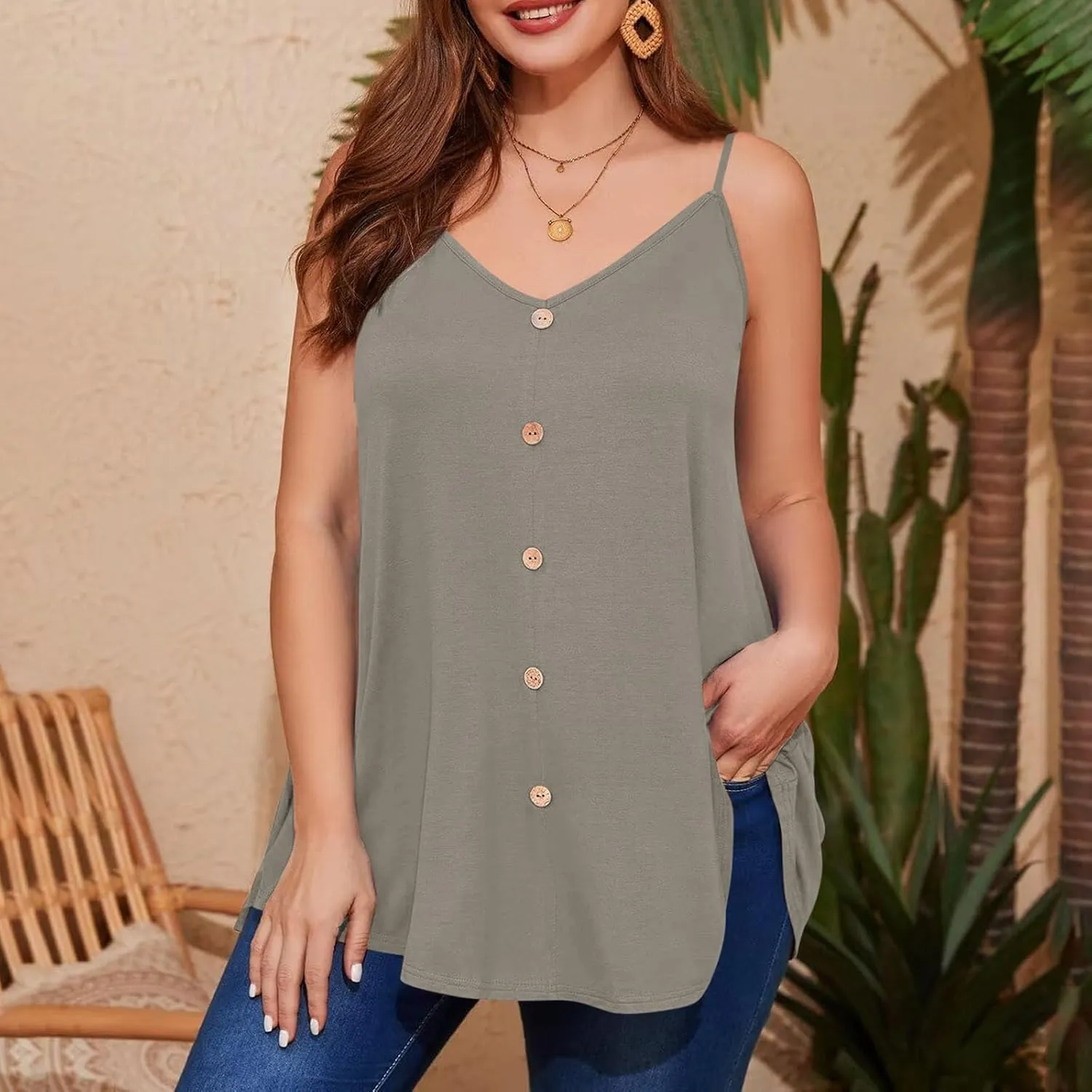 TARIENDY Plus Size Tank Top for Women Loose Casual Summer Flowy Cami Tops Button Lightweight Plain Sleeveless V Neck Shirts