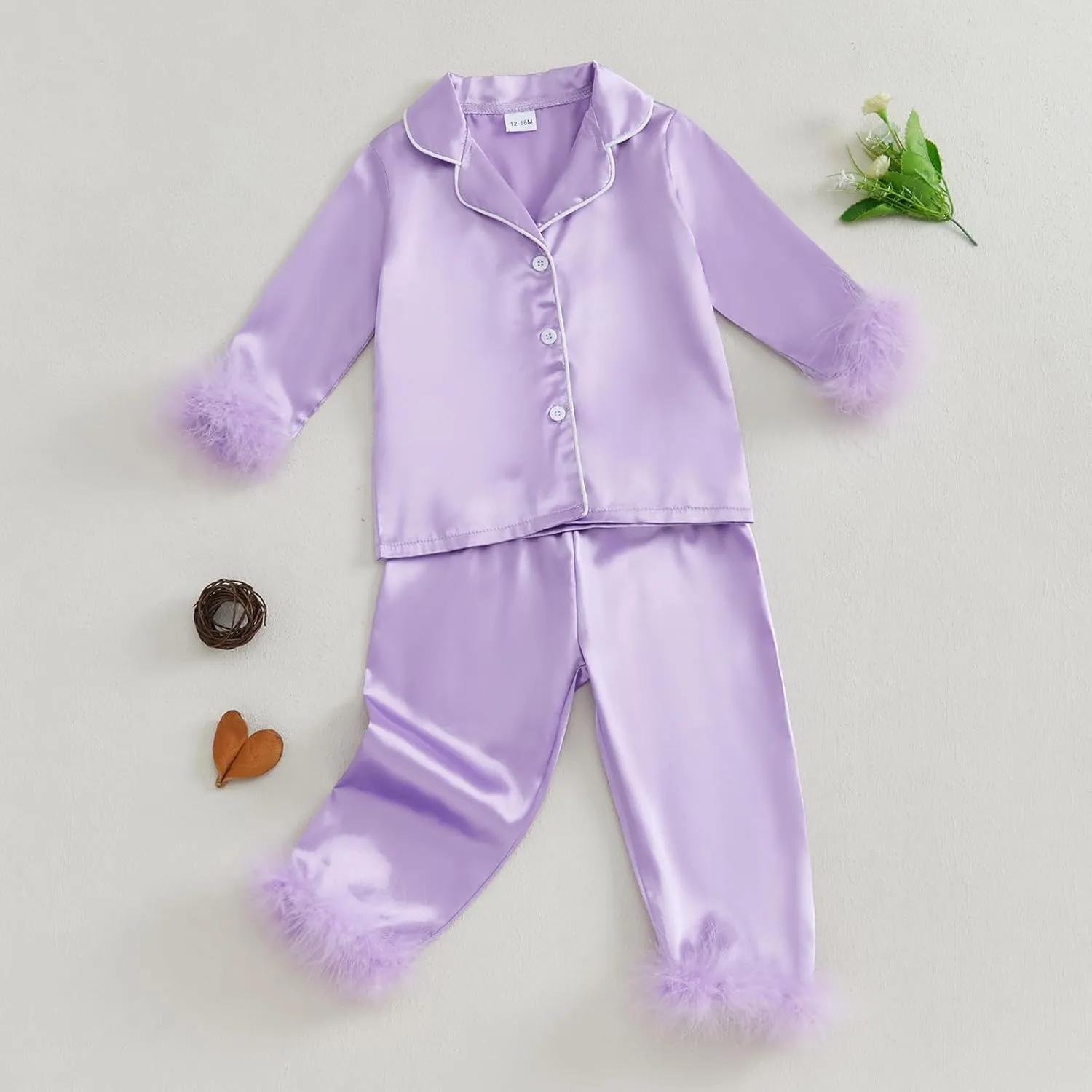 Toddler Girl Satin Silk Pajamas Button Down Feather Trim Fuzzy Shirt and Long Pants Little Girls Sleepwear Nightgown