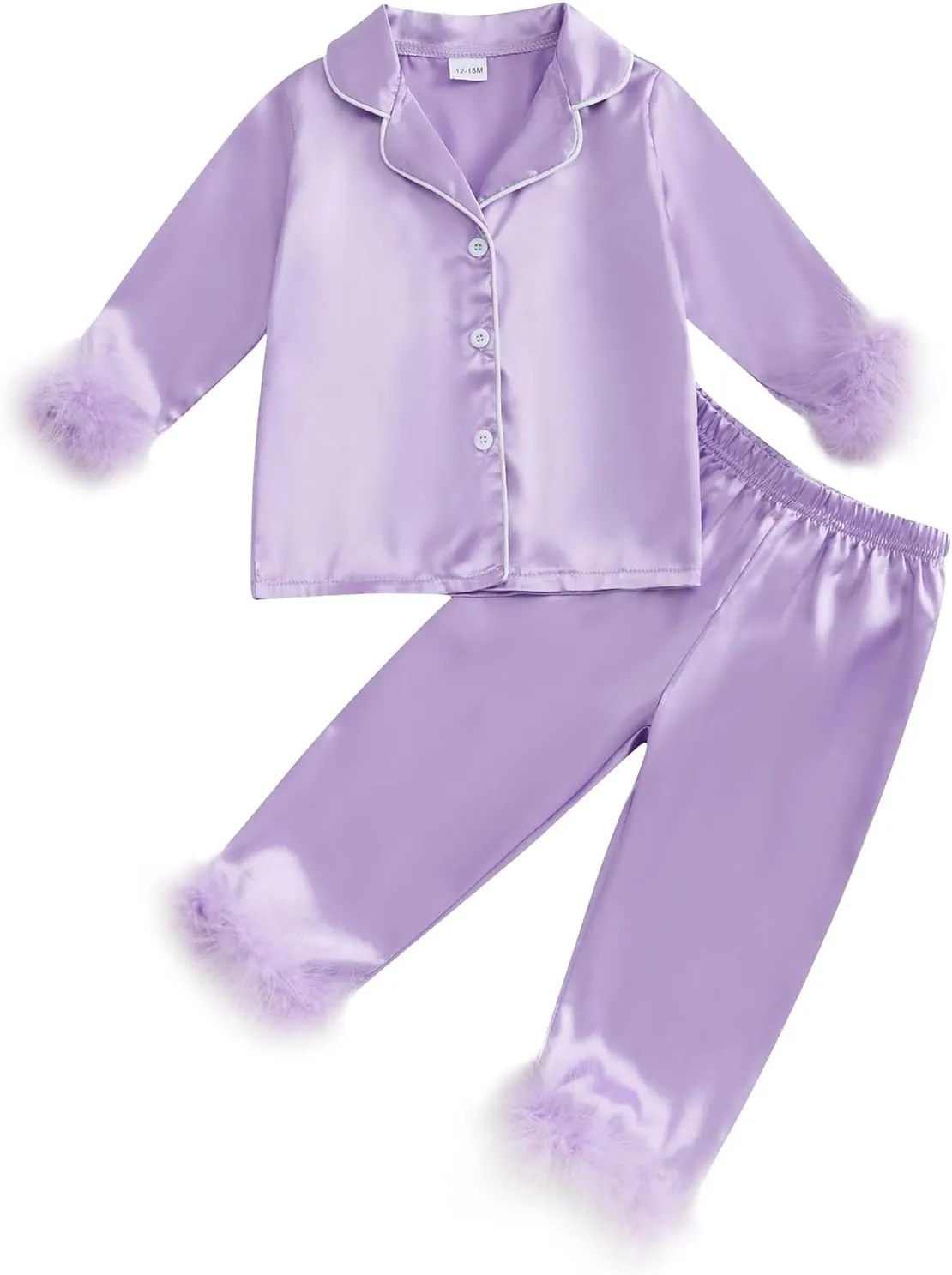 Toddler Girl Satin Silk Pajamas Button Down Feather Trim Fuzzy Shirt and Long Pants Little Girls Sleepwear Nightgown