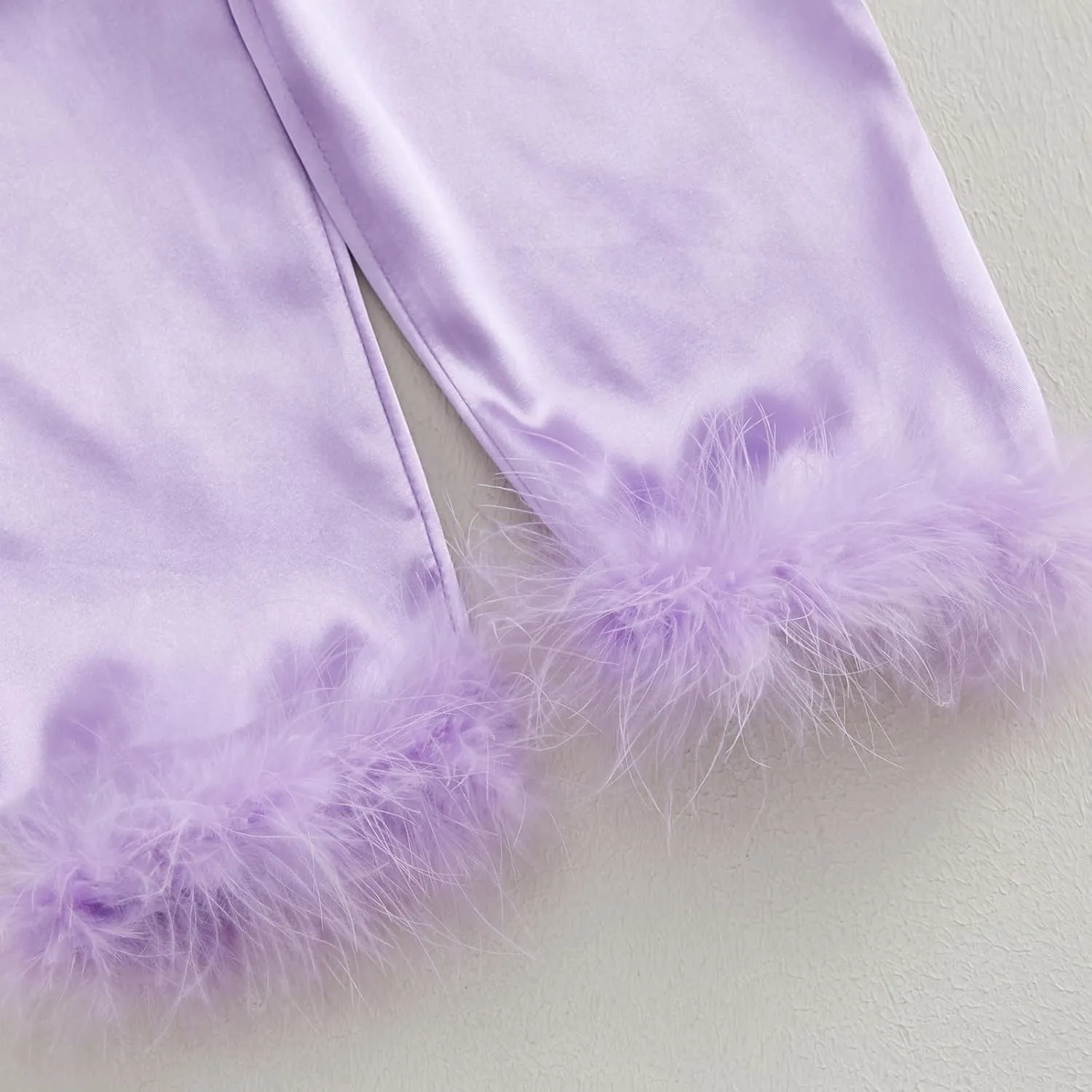 Toddler Girl Satin Silk Pajamas Button Down Feather Trim Fuzzy Shirt and Long Pants Little Girls Sleepwear Nightgown