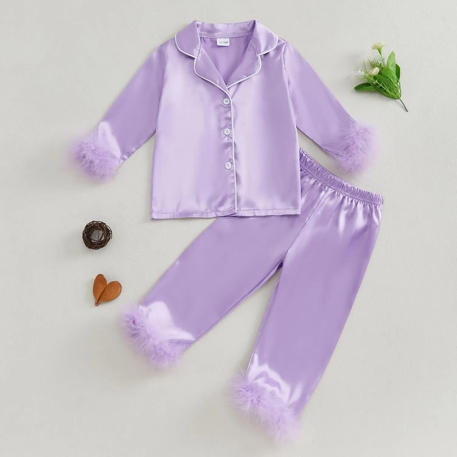 Toddler Girl Satin Silk Pajamas Button Down Feather Trim Fuzzy Shirt and Long Pants Little Girls Sleepwear Nightgown