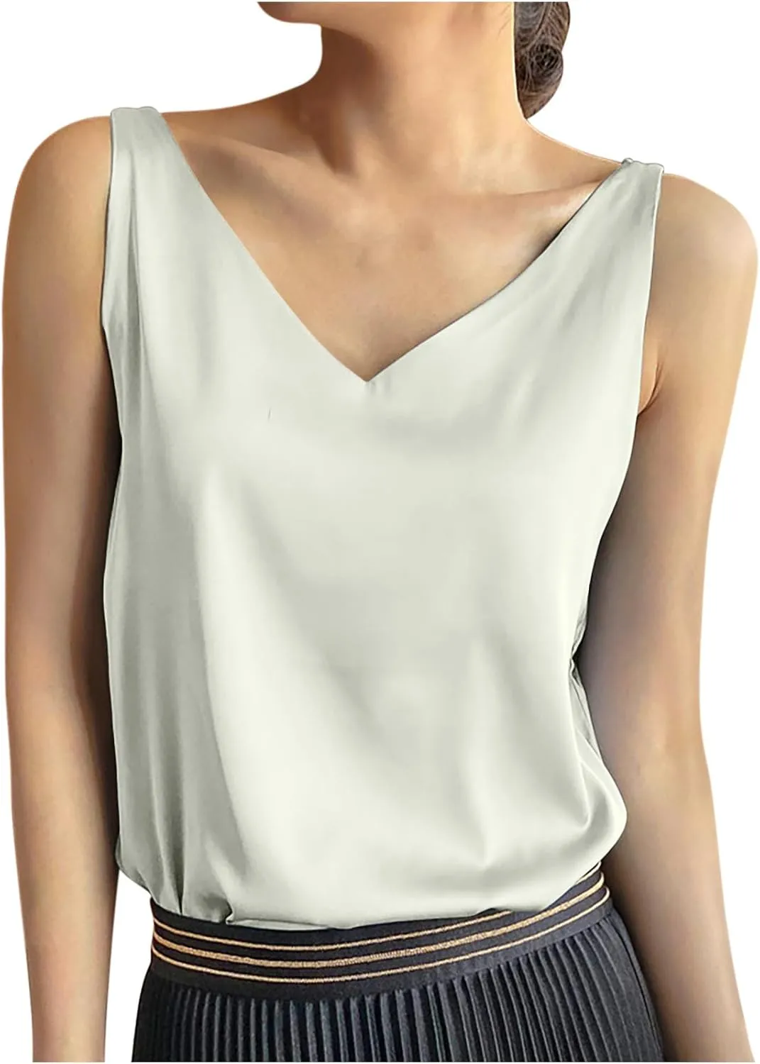 Tops for Women Fashion Summer Sleeveless Silk Satin Tank Tops Casual Dressy Camisole Blouses Solid V Neck Basic Shirts