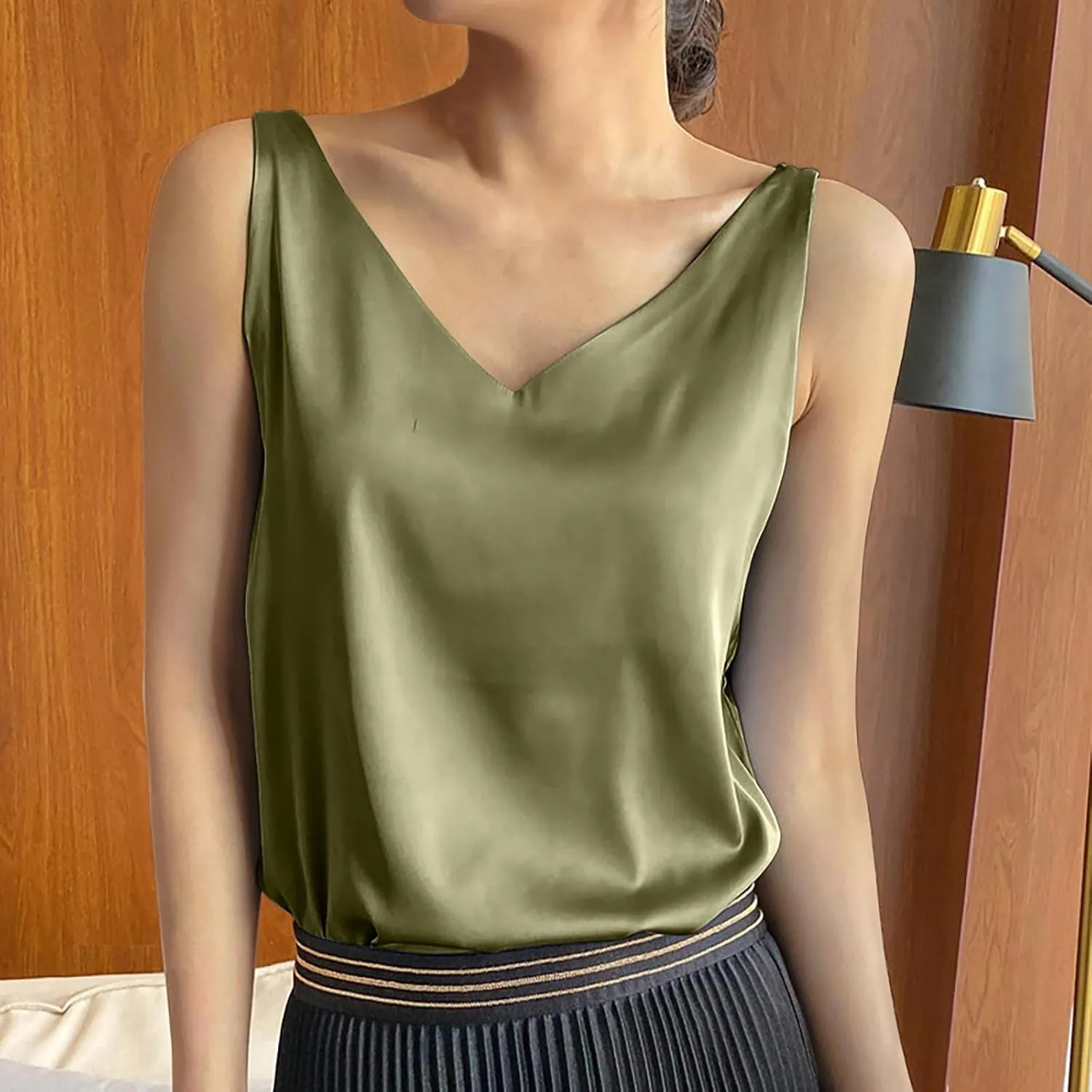 Tops for Women Fashion Summer Sleeveless Silk Satin Tank Tops Casual Dressy Camisole Blouses Solid V Neck Basic Shirts
