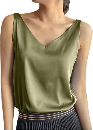 Tops for Women Fashion Summer Sleeveless Silk Satin Tank Tops Casual Dressy Camisole Blouses Solid V Neck Basic Shirts