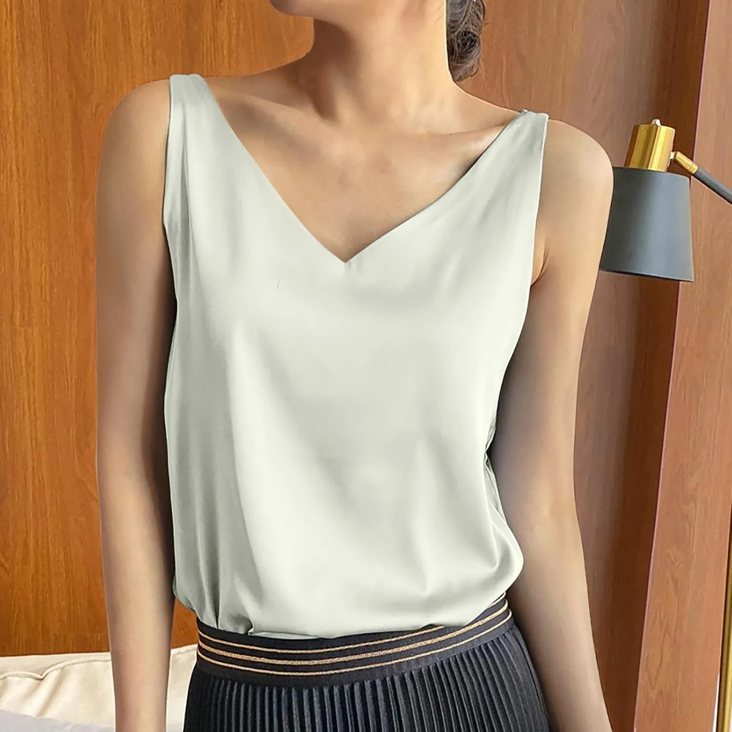Tops for Women Fashion Summer Sleeveless Silk Satin Tank Tops Casual Dressy Camisole Blouses Solid V Neck Basic Shirts