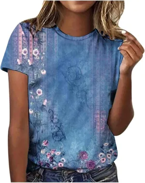 Tops for Women Trendy Casual Round Neck Short Sleeve Top Floral Print Tees Vintage Shirt Loose Lightweight Blouses