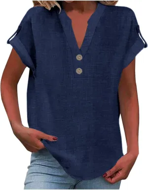Tops for Women Trendy Summer 2025 Solid Color Cotton Linen T-Shirts Short Sleeve V Neck Blouses Button Down Outfits