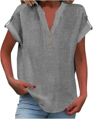 Tops for Women Trendy Summer 2025 Solid Color Cotton Linen T-Shirts Short Sleeve V Neck Blouses Button Down Outfits