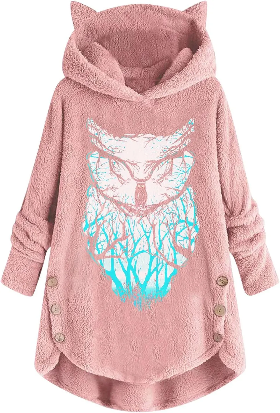 Trendy Hoodies for Women Owl Graphic Print Long Sleeve Buttons Cat Ear Tops Loose Comfortable Plush Sweatshirts