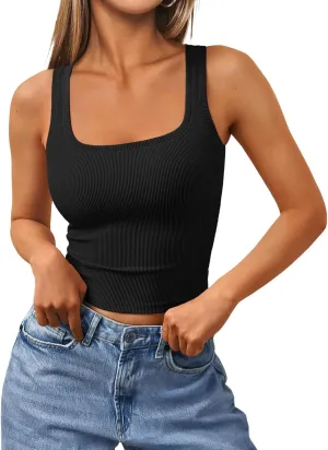 Trendy Queen Women's Summer Square Neck Tank Tops Workout Cropped Ribbed Summer Camisole Sleeveless Clothes 2025