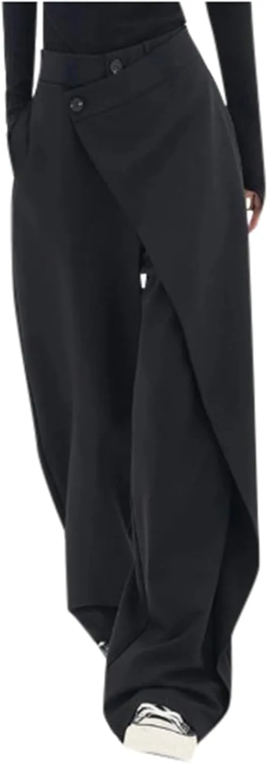 Trousers Pants for Women Asymmetrical Patchwork Design Solid Color Straight Wide-Leg Loose Fit Casual Pants