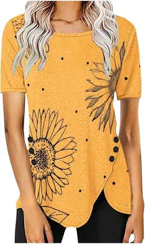 Tunic Tops for Women Loose Fit Dressy Short Sleeve Blouse Casual Floral Print T Shirt Summer Trendy Irregular Hem Tee