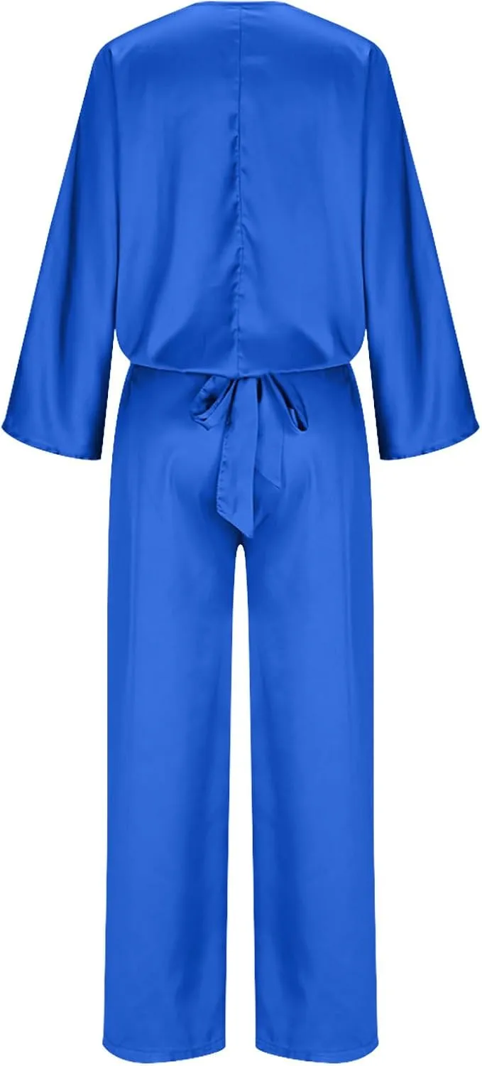 Two Piece Sets for Women Dressy Outfits Satin Silk Wrap V Neck Long Sleeve Blouses & Soft Pants Matching Sets