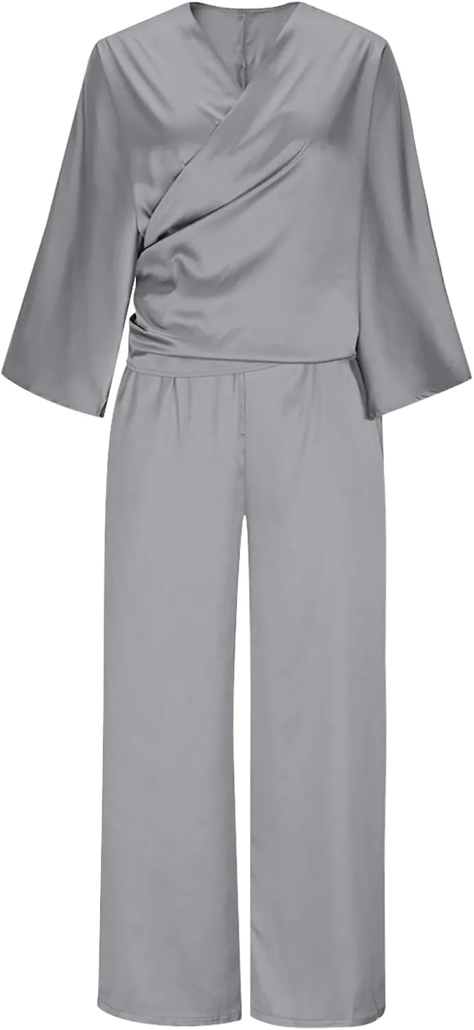 Two Piece Sets for Women Dressy Outfits Satin Silk Wrap V Neck Long Sleeve Blouses & Soft Pants Matching Sets