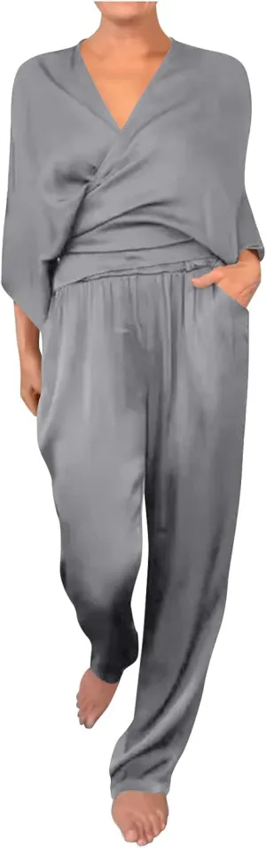 Two Piece Sets for Women Dressy Outfits Satin Silk Wrap V Neck Long Sleeve Blouses & Soft Pants Matching Sets